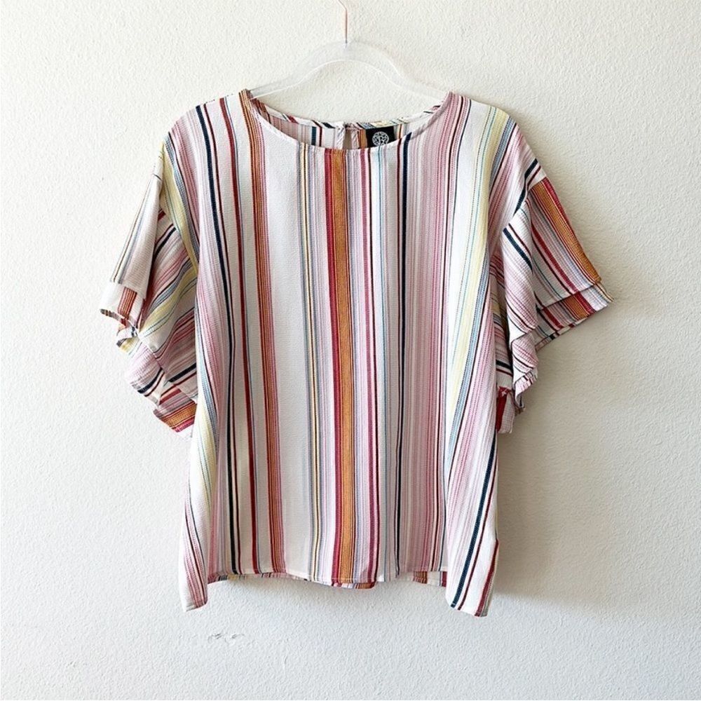 Bobeau Double Ruffle Rainbow Striped Top